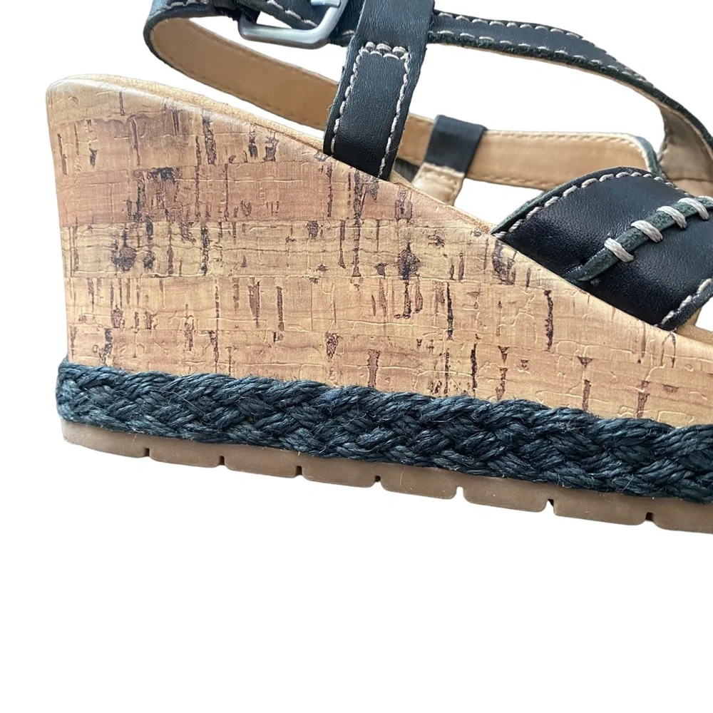 Naturalizer N5 Comfort Black Leather Strappy Cork Wedge Heel Sandal 9.5